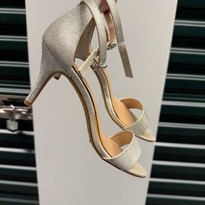Kelly + Katie size 8.5 Silver Glitter Heels with Ankle Strap, Gently Worn